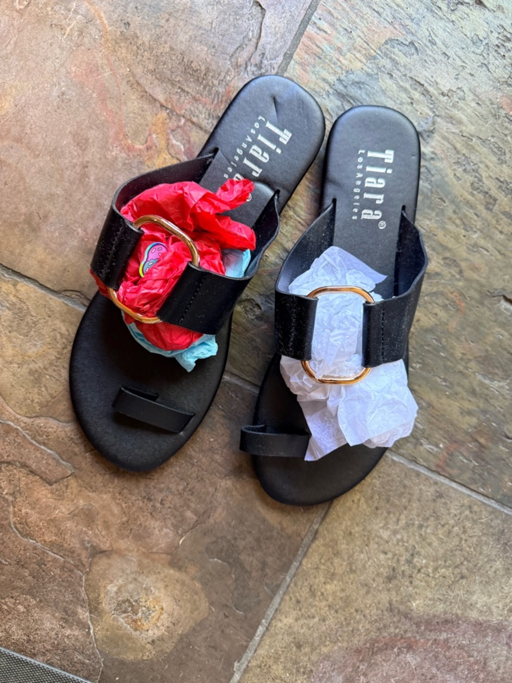 Tiara Black Slide Sandals with Gold Buckle NWT SZ. 7.5